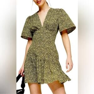 Topshop NEW Flutter Ruffle Sleeve Leopard Print Yellow Mini Dress 8